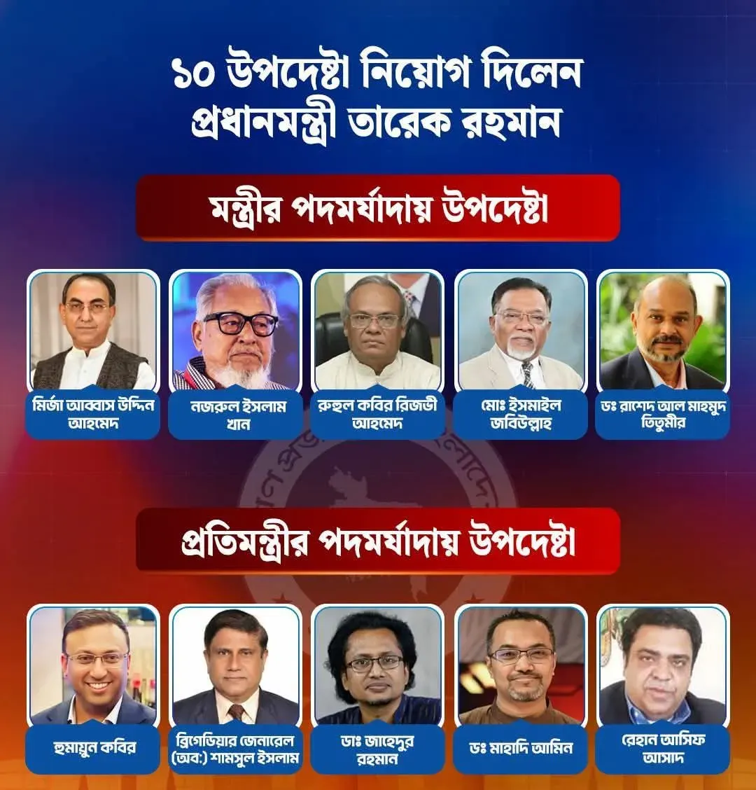 ১০ উপদেষ্টা নিয়োগ দিলেন প্রধানমন্ত্রী তারেক রহমান মন্ত্রী ও প্রতিমন্ত্রীর পদমর্যাদায় নতুন উপদেষ্টা দল